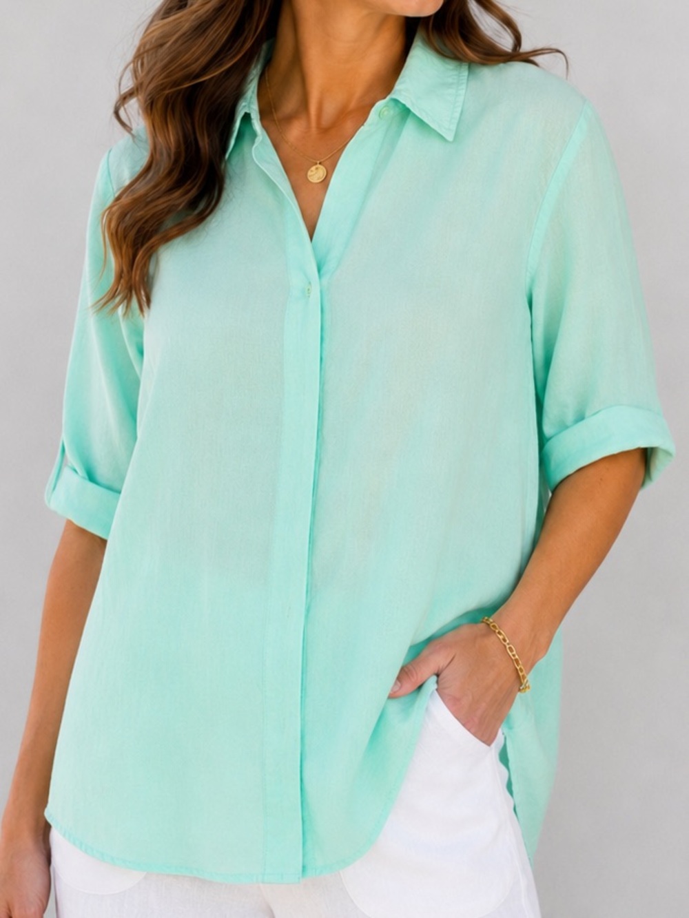Grace Elements Linen Blend Lime Sherbet Button Down Shirt Roll Tab Sleeve L